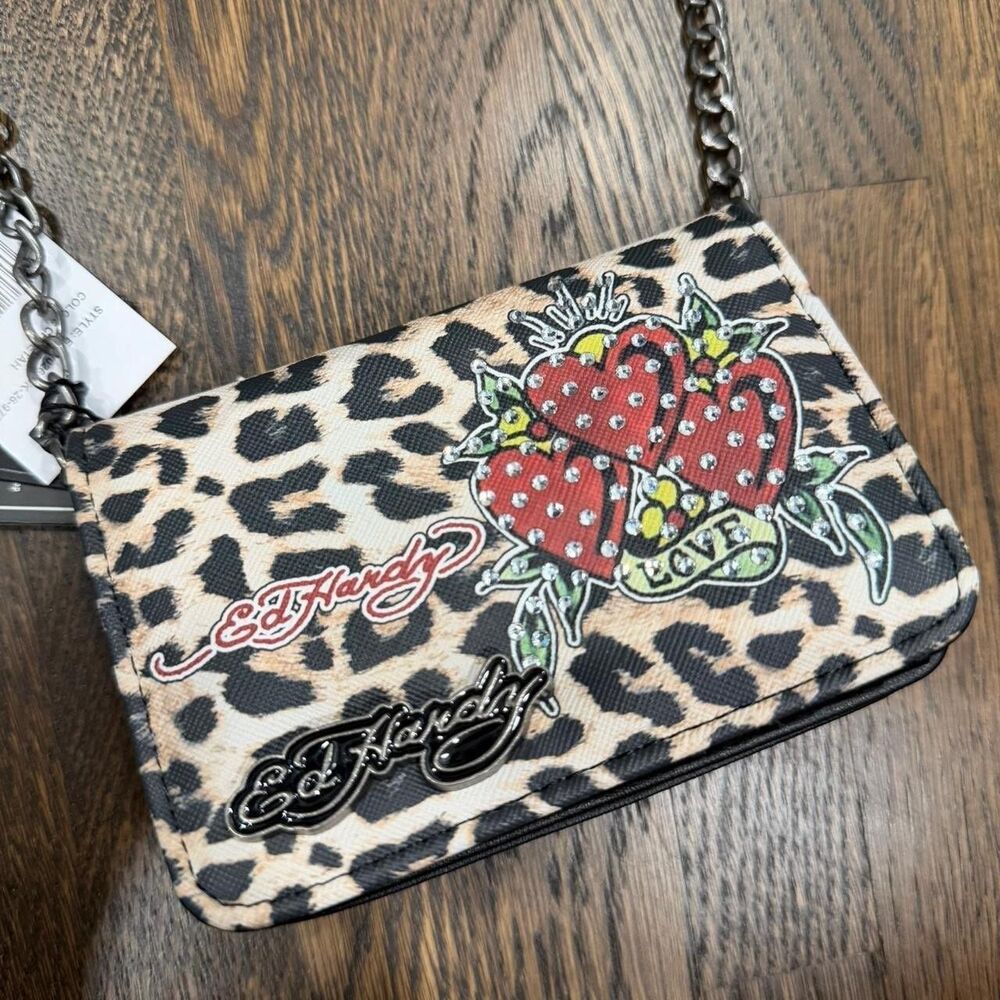ed hardy cheetah print crossbody bag wallet cardholder with chain strap
